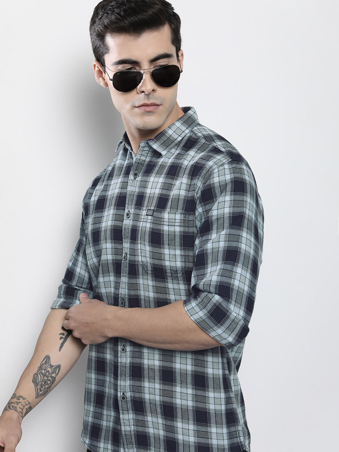 Navy Blue Checked Shirt - L Navy Blue