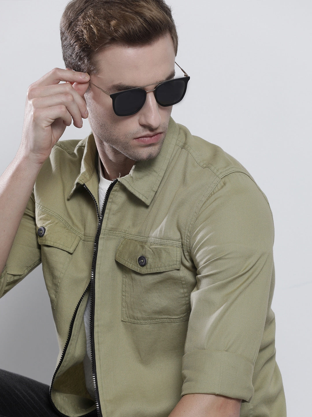 Green Solid Overshirt - L Green