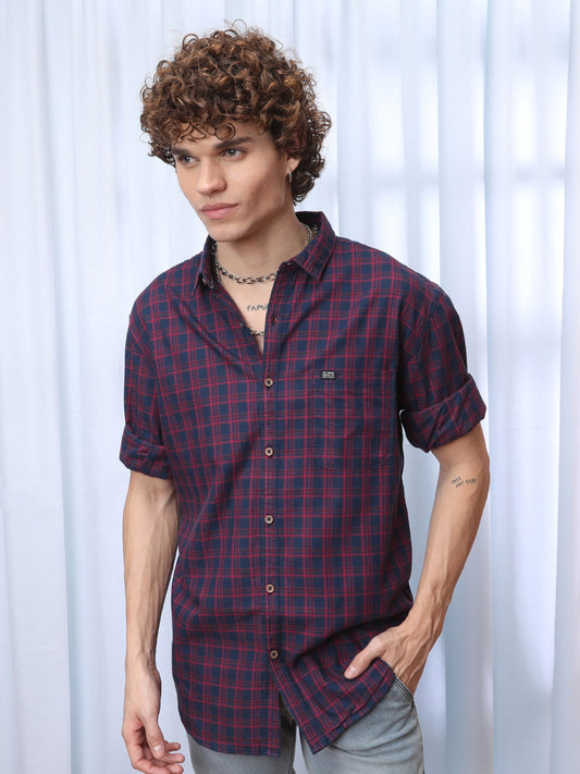 Navy Blue Checks Shirt - L Blue